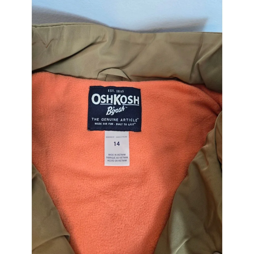 OshKosh Bgosh Boys Tan Khaki Puffer Vest Orange Fleece Lined Size 14 NWT